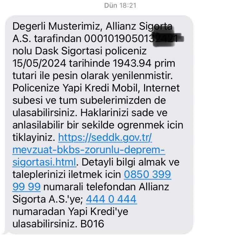 Yapı Kredi Bankası Otomatik Yenilenen DASK Poliçesi Sorunu