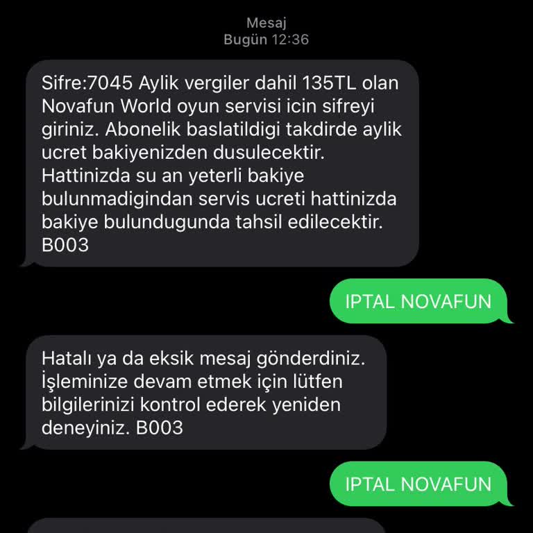 Vodafone Novafun World Abonelik Mesajı