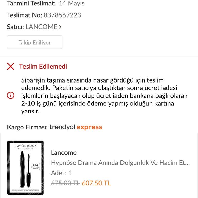 Trendyol Express Kargo Hasardan Dolayı Teslim Edilememe