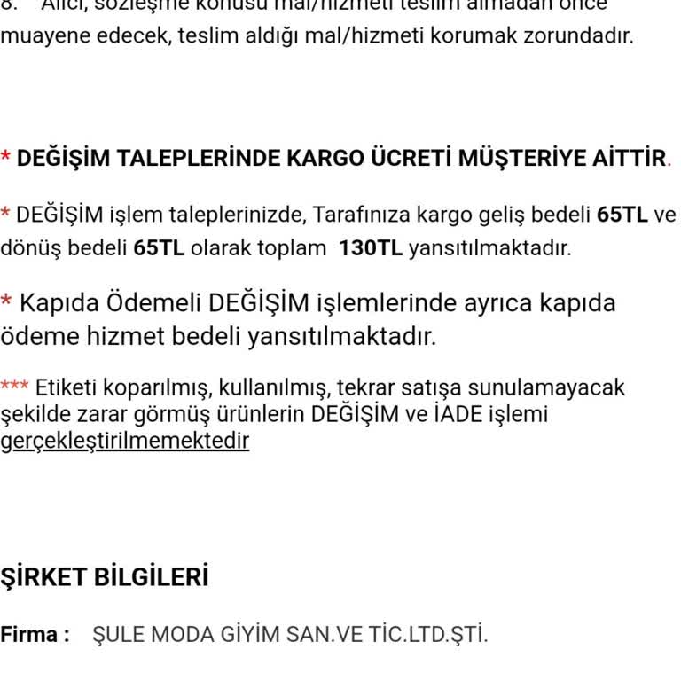 Şule Giyim İade Almıyor İlgilenmiyor