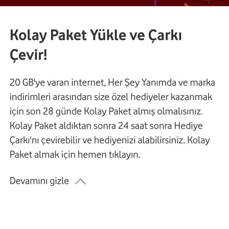 Vodafone Net Fırsatlar Dünyasından Çark Hediyesi Alamıyorum