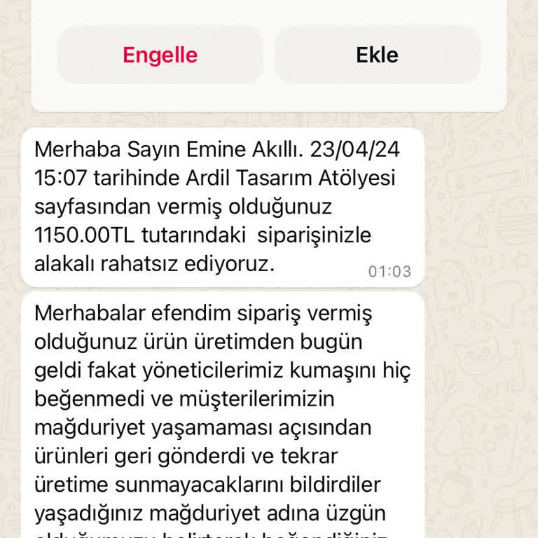 Ardil Tasarım Atölyesi Tasarım Ürünleri İadesi Sürecinde Yaşanan Sorunlar