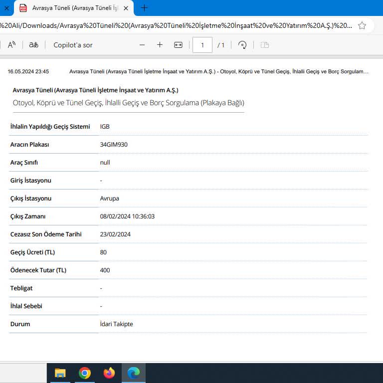 Avrasya Tüneli'nden Geçmediğim Halde Geçiş Ücreti