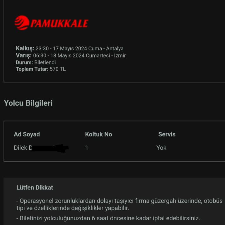 Pamukkale Turizm Bilet PNR Kodu