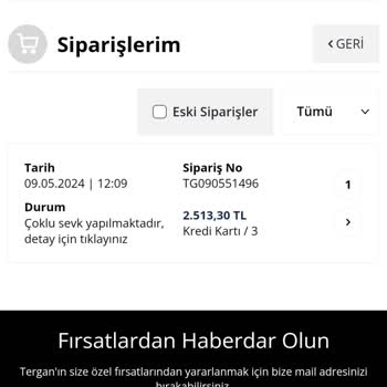 Tergan Deriden Stokta Olup Aldığım Ürün Teslim Edilmedi.