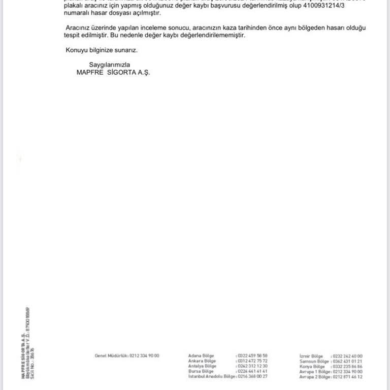 Mapfre Sigorta Değer Kaybımı Karşılamak İstemiyor