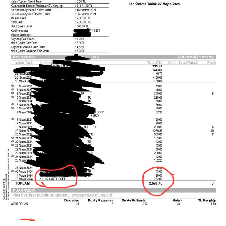 Yapı Kredi Bankası Kart Aidat Ücreti İadesi Hk.