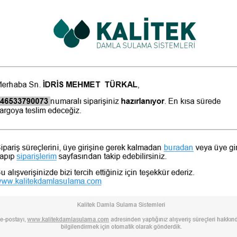 Kalitek Damla Sulama'dan Siparişim Kargolanmadı Ve İletişim Sorunu Yaşıyorum!