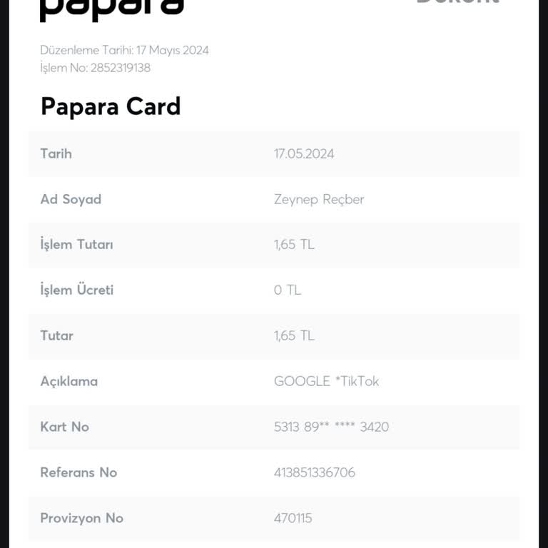 Papara Kartımdan TikTok Para Çekti