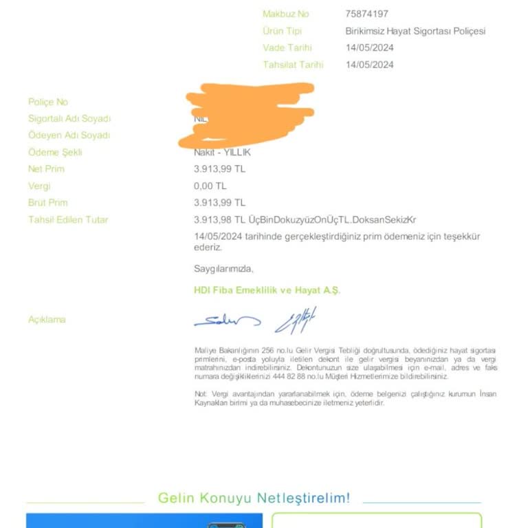 Fibabanka Vatan'dan Alınan Cihaz Ve Yapılan Hayat Sigortası