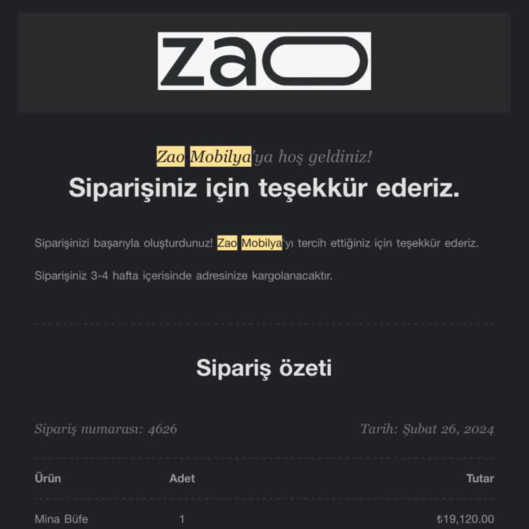 Zao Mobilya Teslim Edilmeyen Ürün