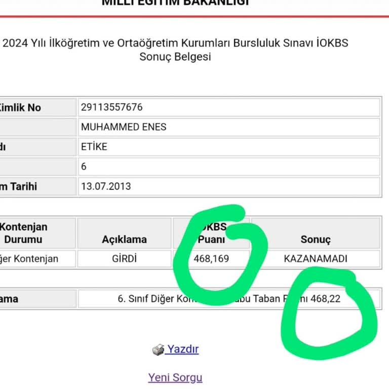 Milli Eğitim Bakanlığı (MEB) Bursluk Sınav Sonucu