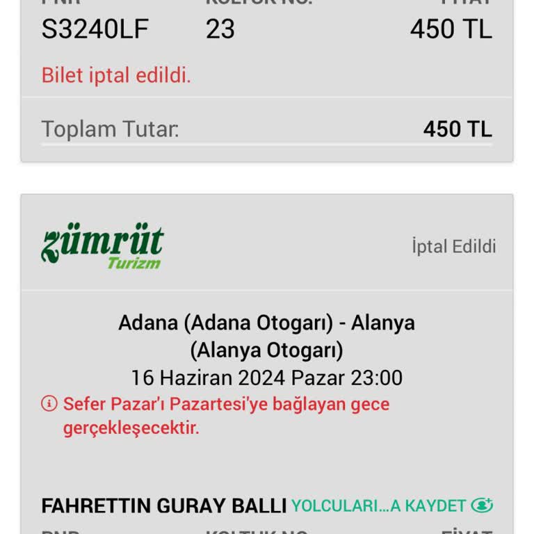 Obilet Bilgim Dışında Bilet İptali.