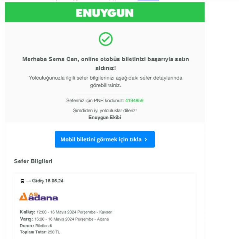 Enuygun.com Kayseri'den Adana'ya Gecikmeli Yolculuk