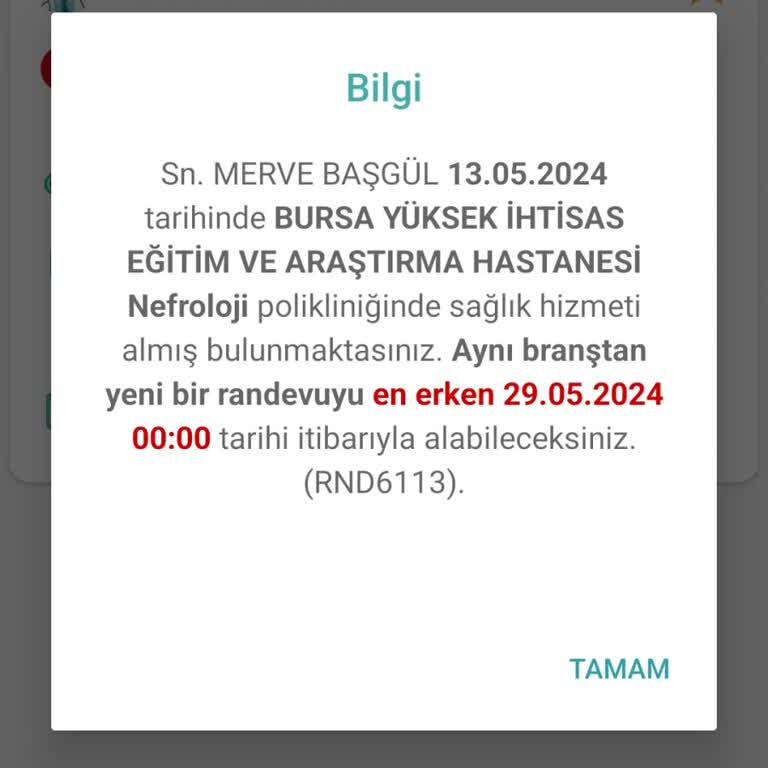 MHRS - 182 Aynı Branşa 15 Gün İçinde Randevu Alınamaması