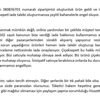 Çiçeksepeti.com İade Hakkımızı Kullanmamızı Engelliyor