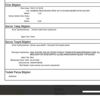 Homend Karaca Mutfak Stand Mikser Şikayet