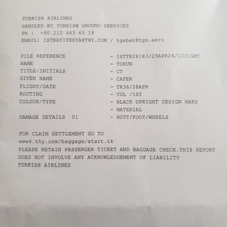 THY Yolları Bavul Hasarı