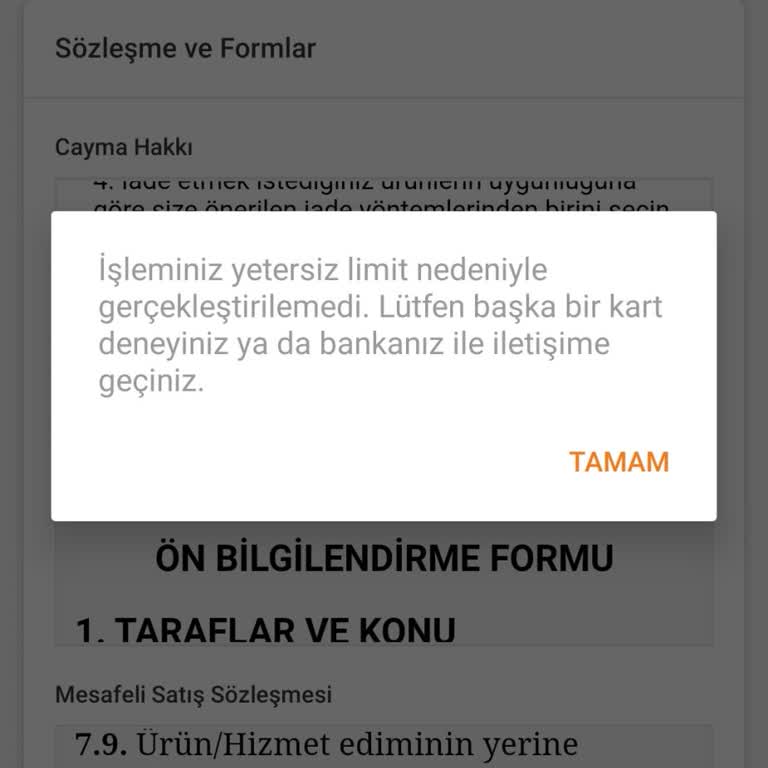 Trendyol Limit Yeterli İken Yetersiz Uyarısı Veriyor
