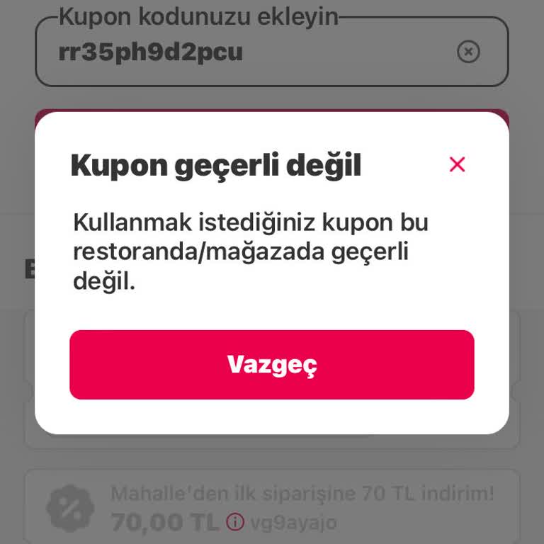 Yemeksepeti İndirim Kodlarını Kabul Etmiyor.