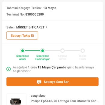 Trendyol Philips Kahve Makinesinin Siparişinin Bekletilmesi.
