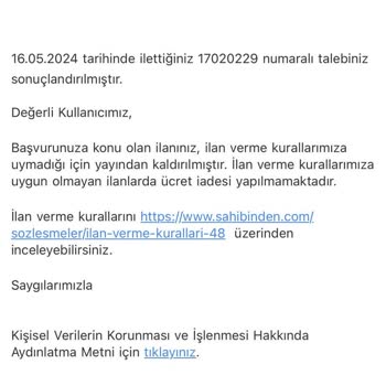 Sahibinden.com Mükerrer Ödeme İçin Paramı İade Etmiyor.