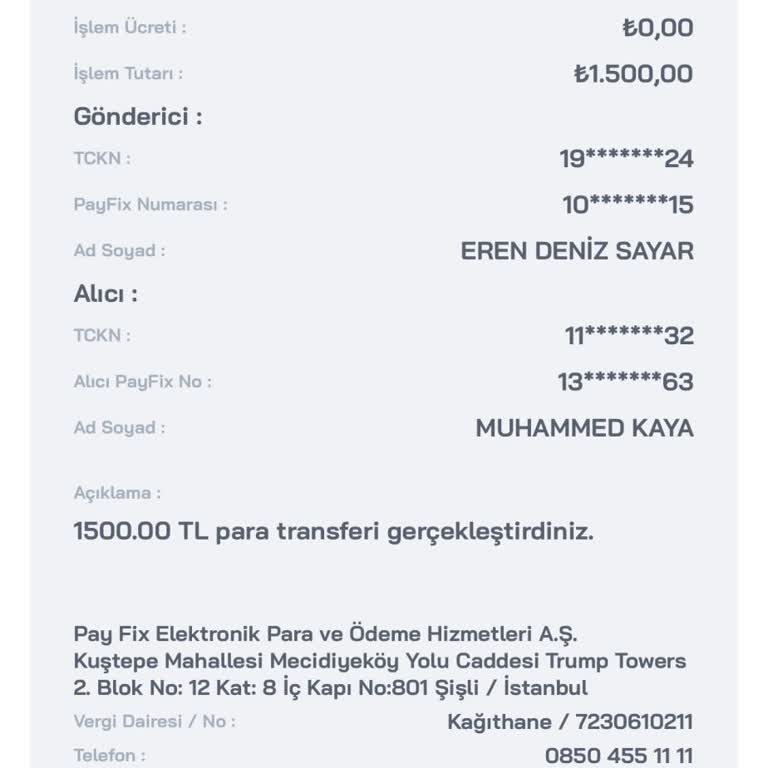 PayFix Hesaptan Gönderilen Para