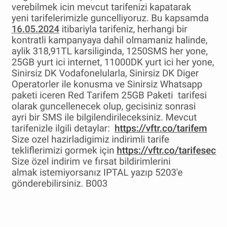 Vodafone Onayım Olmadan Tarife Değişikliği