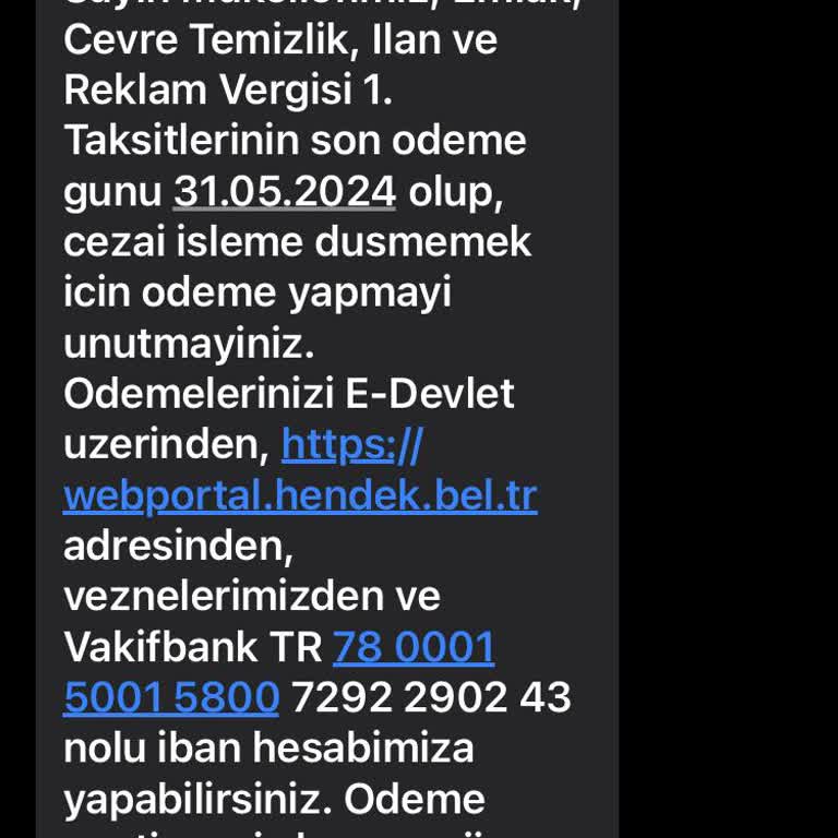 Hendek Belediyesi Hendek Belediye IBAN Ve Çevre Temizlik Parası İstiyor Mesaj Yoluyla