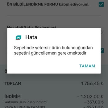 Watsons Sepette Eksik Ürün Hatası Alıyorum