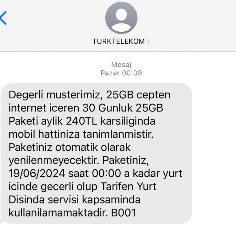 Türk Telekom 30 Günlük 25 GB Ek Paketim Silinmiş