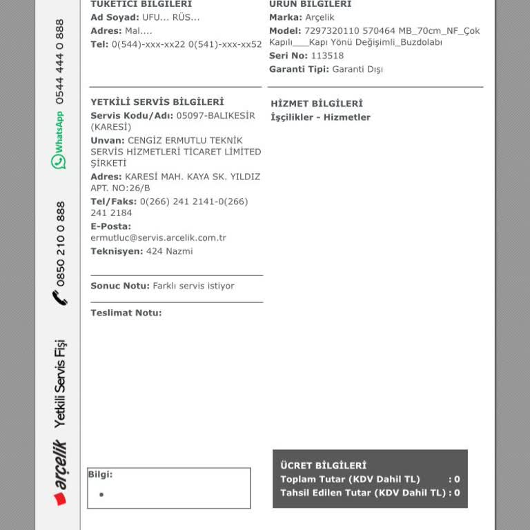 Arçelik Balıkesir Yetkili Servis Şikayeti