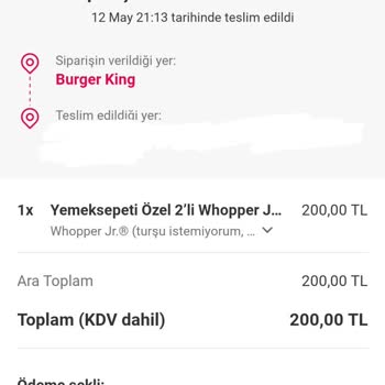 Yemeksepeti Burger King Teslim Edilmeyen Siparişin Para İadesi Yapmama