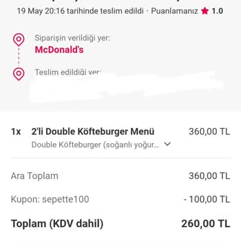 Yemeksepeti McDonald's Sipariş İadesi Yapılmadı