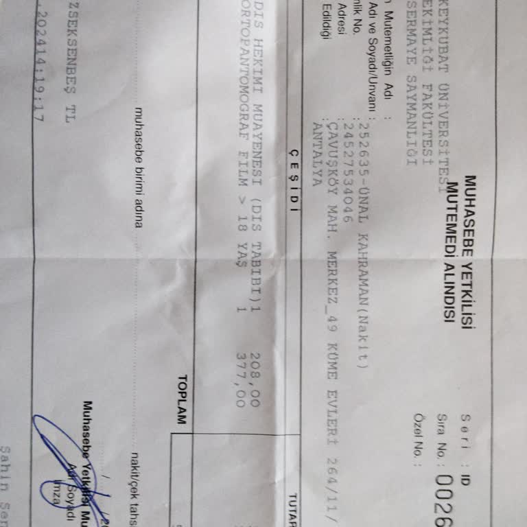 Alaaddin Keykubat Üniversitesi Diş Hekimliği Fakültesi Dış Tedavisi İçin Ödenen Bedelin Geri İadesi.