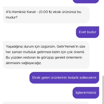 GetirYemek Eksik Gelen Ürün Ve Ücret İadesi