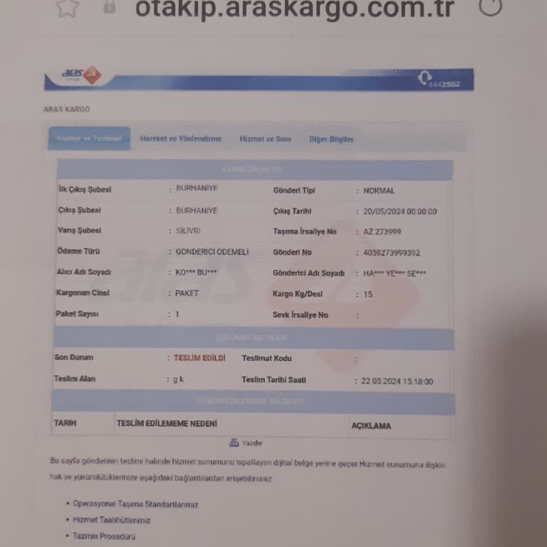 Aras Kargo Silivri Şubesi Şikayeti