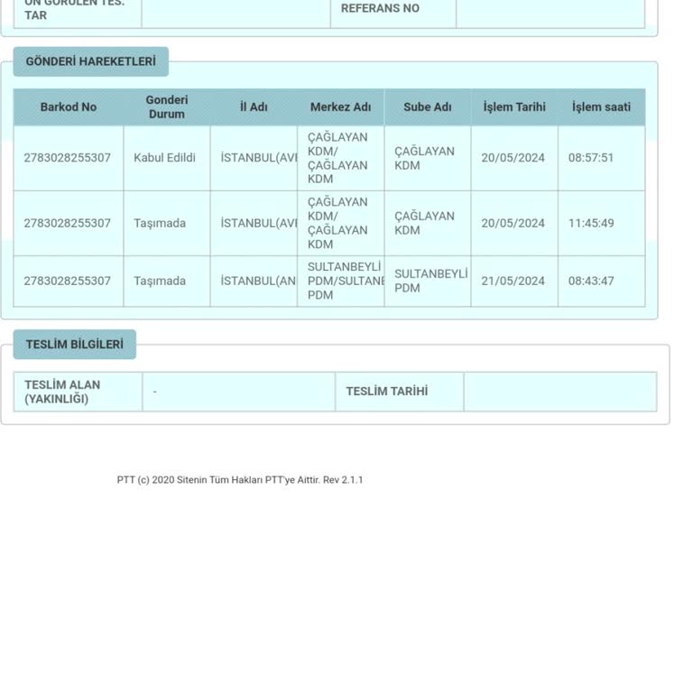 PTT Kargo Gelmedi 2783028255307 Kargom İçin Destek Rica Ederim