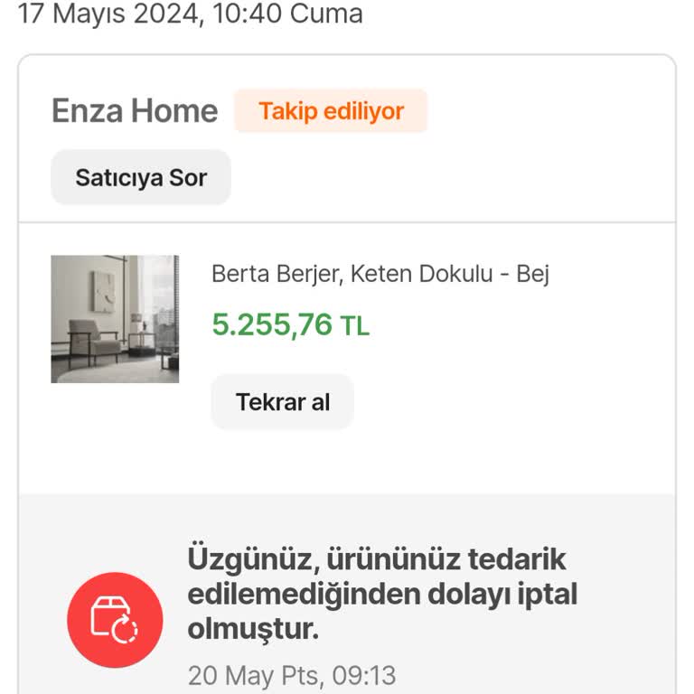 Enza Home Alınan Ürünlerin Siparişini İptal Etti