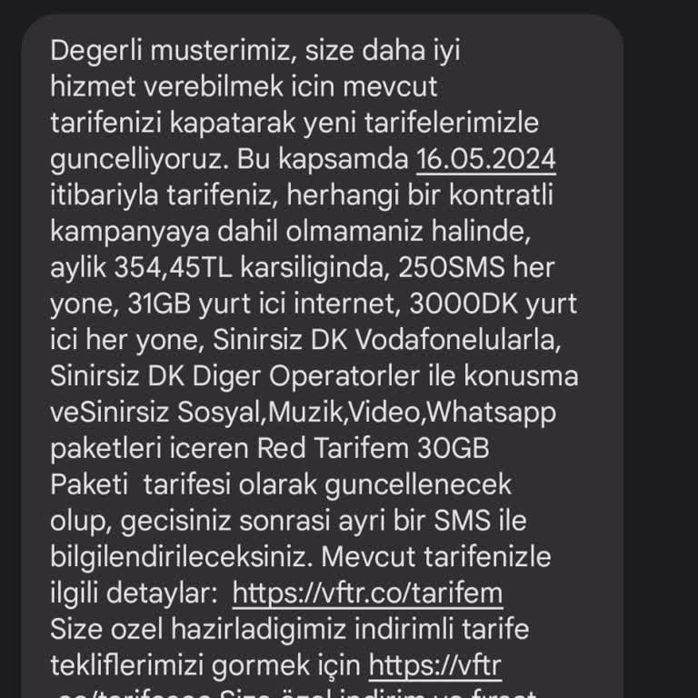 Vodafone Zorunlu Tarife Değişikliği