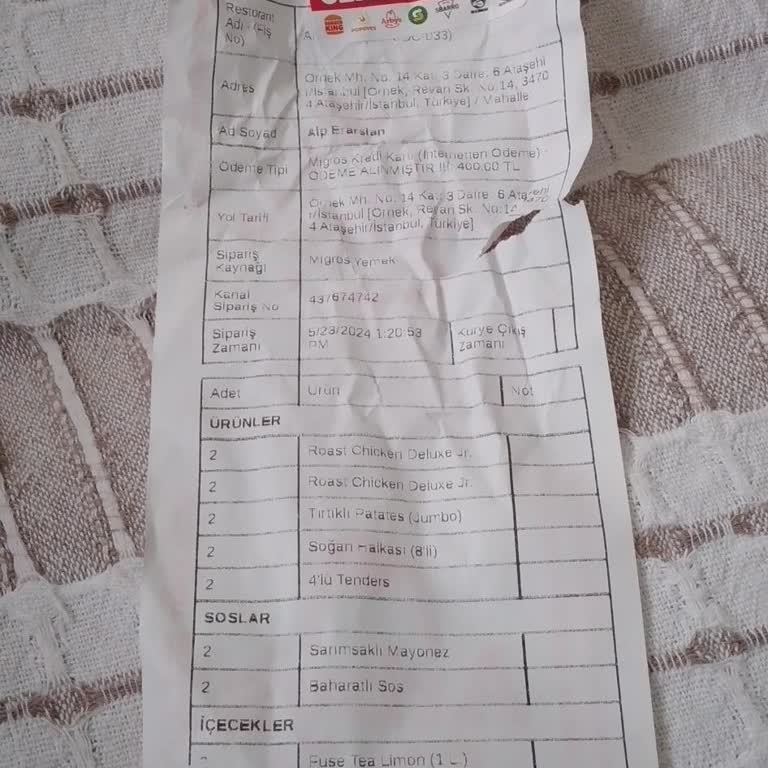 Migros Yemek Den Verilen Sipariş
