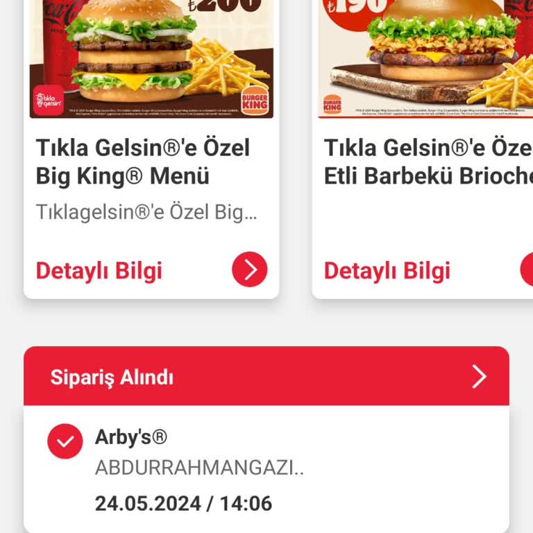 Tıkla Gelsin Ve Arbys Sipariş Durumu