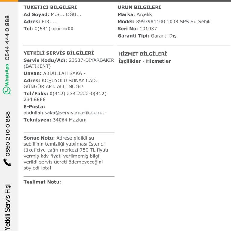 Arçelik Servisinden Fatura Sorunu Ve Kötü Hizmet Deneyimi