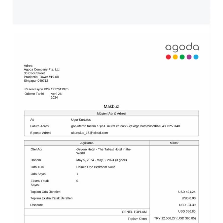Agoda.com Fatura Talebi - İnvoice Request