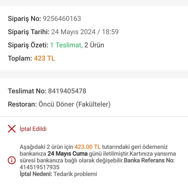 Trendyol Yemek Ve Öncü Döner Sipariş Sorunu
