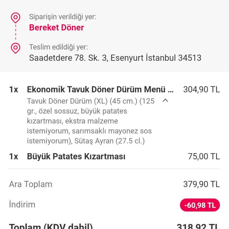 Bereket Döner Eksik Ürün Gönderildi