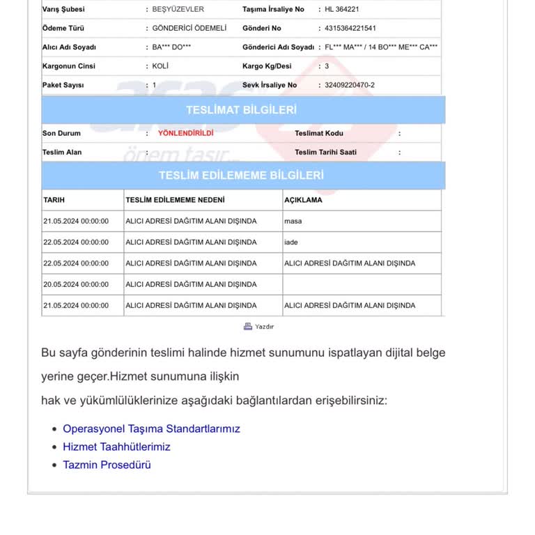 Aras Kargo Paketimi Habersiz İade Etti