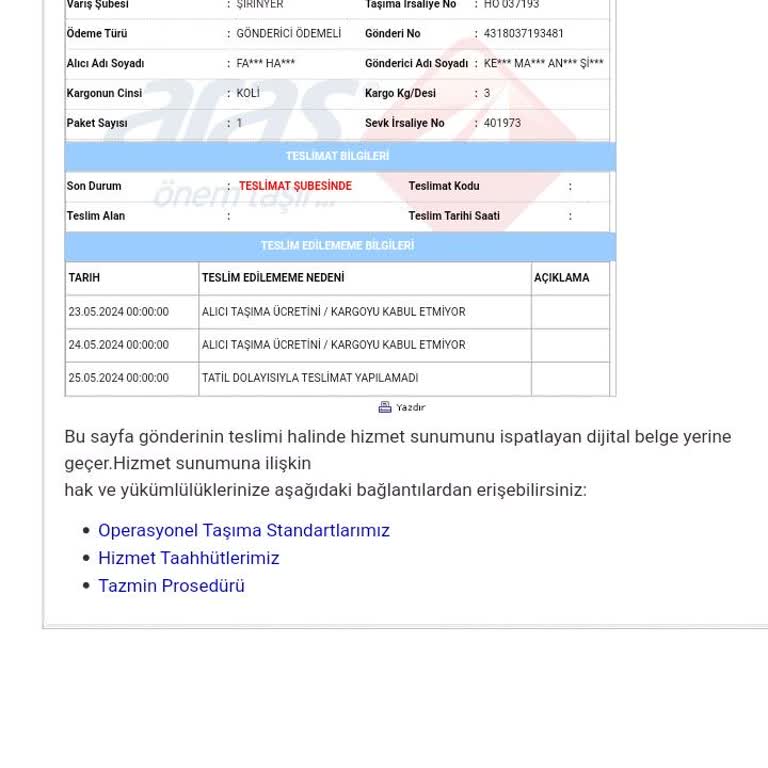 Aras Kargo Şirinyer Şubesi: Teslimat Gecikmesi Ve Yanıltıcı Bilgilendirme