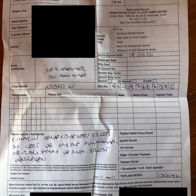 Miele Servisi Hiçbir Şey Yapmadan Bu Parayı Ödemek İstemiyorum.