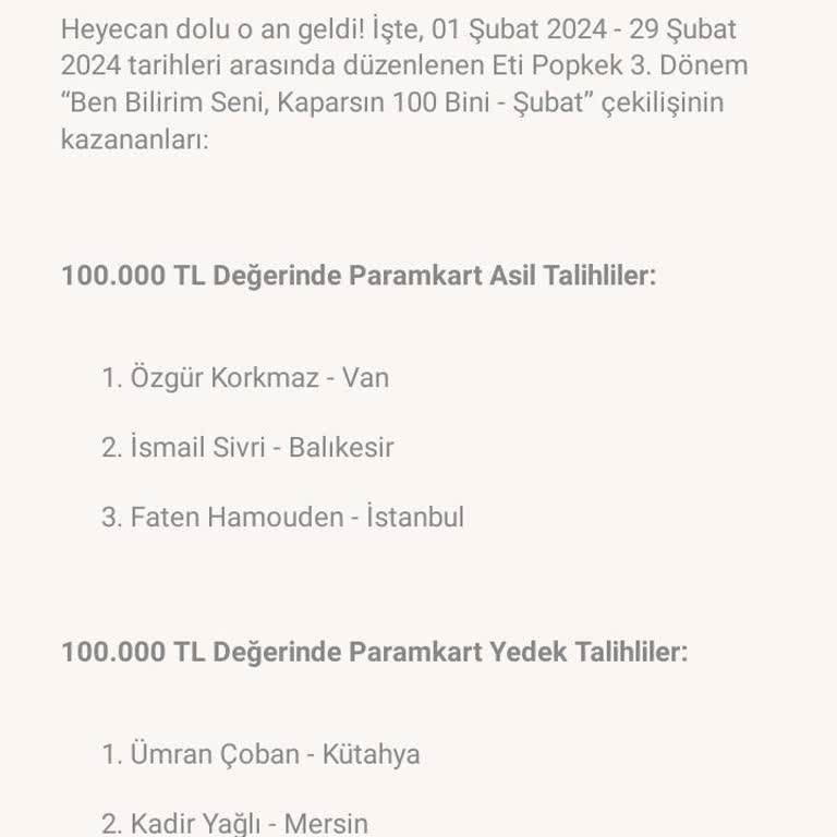 Eti Gıda Eti Çekiliş Sonucu